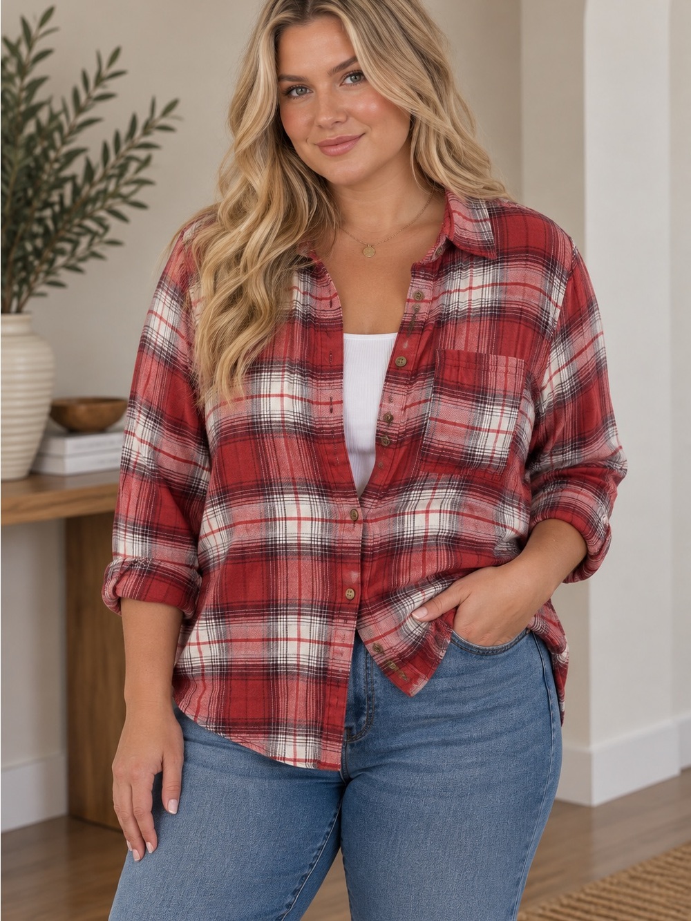 C&C California Red Plaid Button Down Shirt XL
